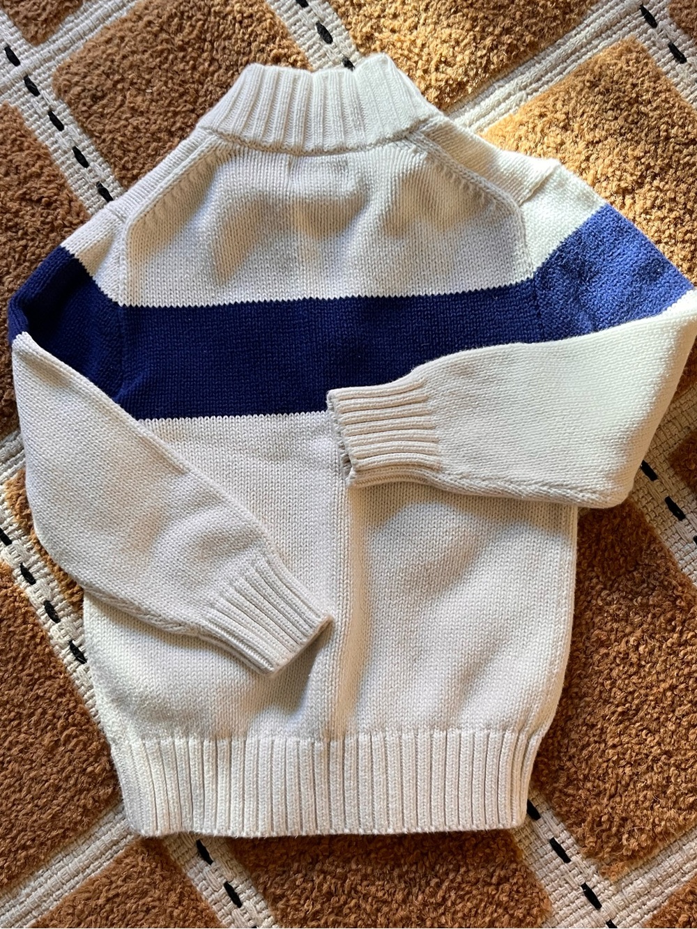 Polo by Ralph Lauren Cream Quarter-Zip Sweater with Navy Blue Stripe Size 5 Boys - Picture 4 of 4